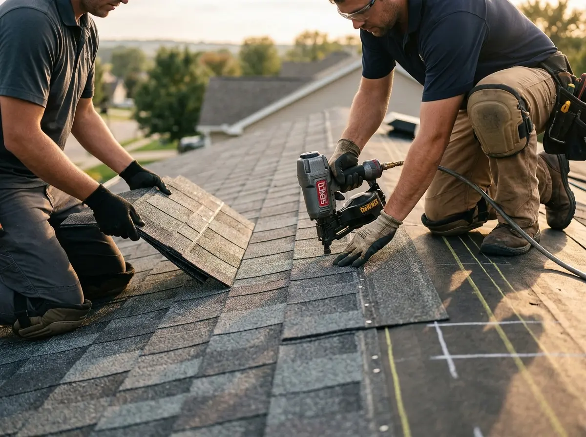 Professional roofer working on a residential roof in Innsbrook